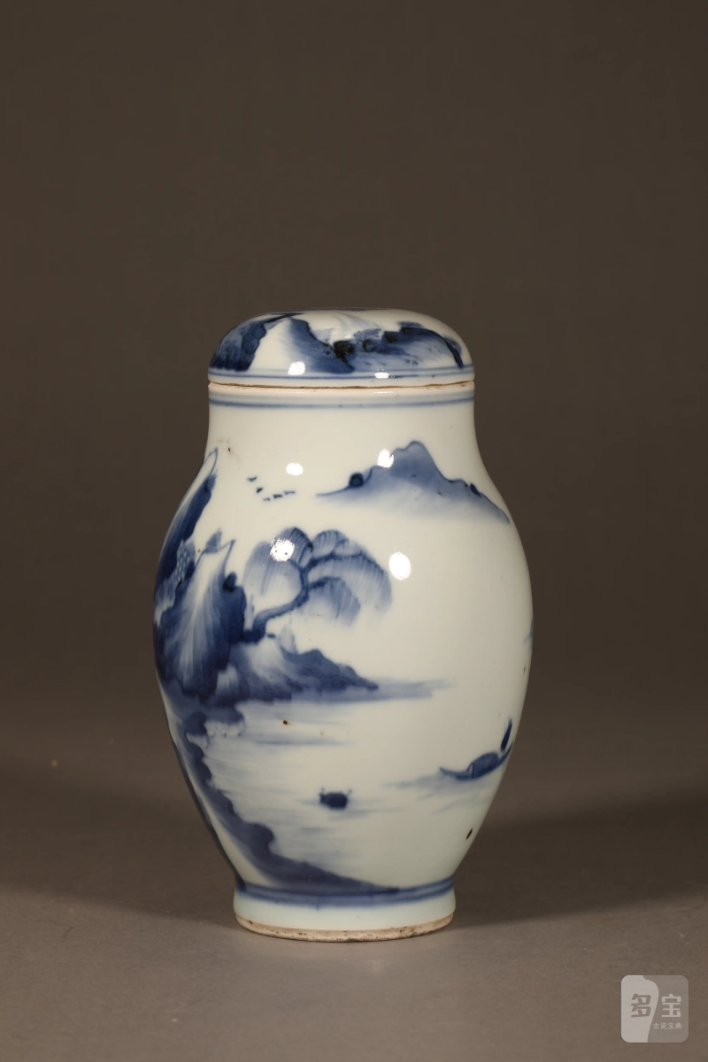 清 青花山水莲子罐 - 图4